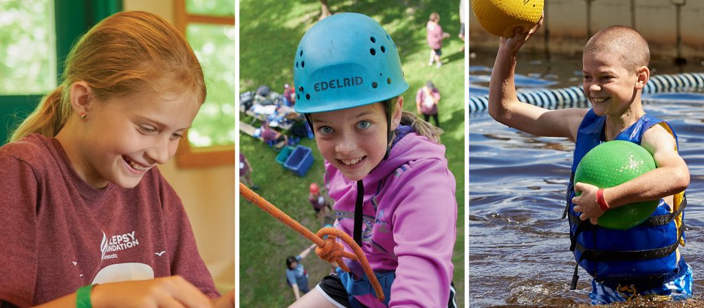 Three photos showing campers doing arts and crafts, rocking climbing wall, and playing in water